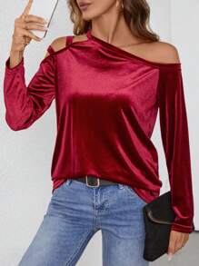SHEIN LUNE Camiseta de manga larga de mujer con diseño de lazo en el hombro derecho, de tela de terciopelo, casual y versátil, para otoño/invierno