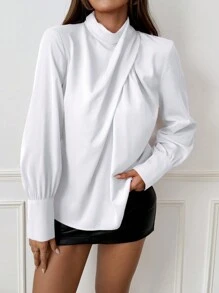 SHEIN Unity 情人节优雅女士衬衫白色宽松女士长袖衬衫后背扭褶设计女士衬衫 - 白色 - 查看 3