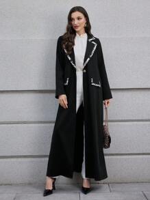 Al Najma Women's Leopard Print Collar Abaya Robe Jacket, Suitable For Autumn/Winter - Black - View 7