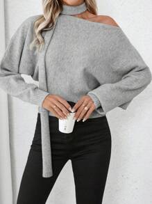 SHEIN Clasi Women's Casual Asymmetric Collar Batwing Sleeve Solid Sweater, Autumn/Winter Knit Pullover Fall - Grey - View 4