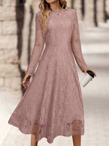 EMERY ROSE Women Solid Color Lace Long Sleeve Casual Dress, For Everyday Wear - Pink - View 6