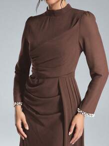 Coutiva Sequin Pearl Cuff Elegant Formal Long Sleeve Dress, Luxurious & Elegant Lady Evening Gown For New Year, Party Autumn And Winter Bridesmaid Dress, Wedding Guest Dress - Coffee Brown - View 7