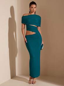 SHEIN BAE Asymmetrisches Off-Shoulder einfaches elegantes einfarbiges türkisblaues Kleid mit Raffungen, geeignet für Cocktailpartys, romantische Dates, Herbst-/Winterlayering, Partys, formelle Anlässe, Brautjungfernkleid, Abendausflüge, Cut Out - Taubenblau - Übersicht 2