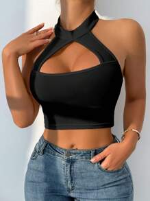 VaVaBold Women's Hollow Out Spaghetti Strap Backless White Crop Top - Black - View 4