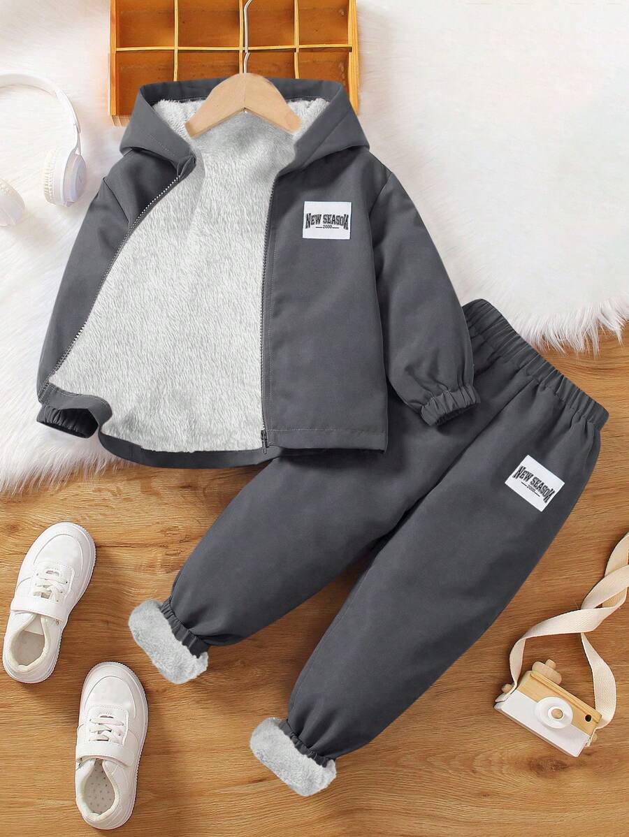 SHEIN 2 件套年轻男孩休闲连帽保暖内衬上衣和宽松松紧腰运动裤套装，适合通勤、上学、休闲、旅行、运动、所有季节 - 灰色 - 查看 1
