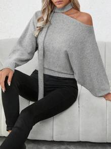 SHEIN Clasi Women's Casual Asymmetric Collar Batwing Sleeve Solid Sweater, Autumn/Winter Knit Pullover Fall - Grey - View 5