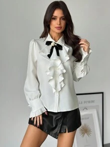 Firerie 女士秋季拼布荷叶边袖口单排扣优雅衬衫 - 白色 - 查看 7