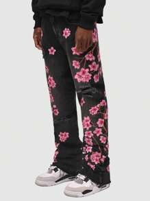 ROMWE MEN Street Life Men's Casual Water-Washed Floral Embroidered Distressed Denim Jeans - Black - View 3