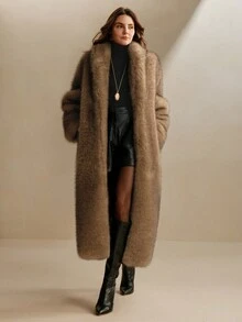 Anewsta 新款秋冬时尚淑女蓬松狐狸毛领长外套，时尚女式毛皮和仿皮毛茸茸外套 - 棕色 - 查看 1