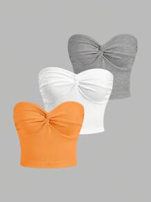 INAWLY Women's Solid Color Twist Front Cropped Top, Casual Daily Wear