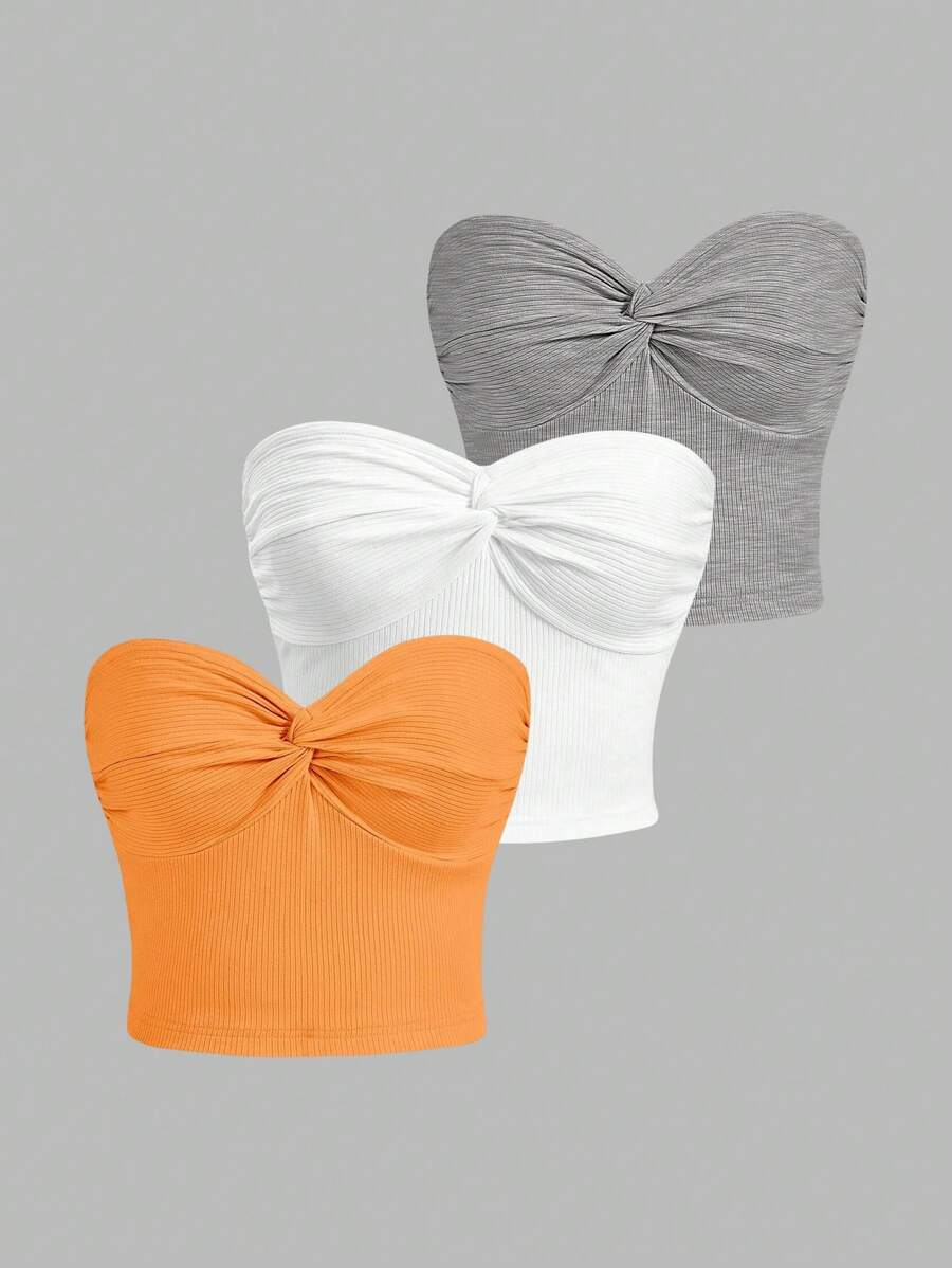 INAWLY Women's Solid Color Twist Front Cropped Top, Casual Daily Wear