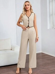 SHEIN LUNE Damska kamizelka jednorzędowa z dekoltem w serek i spodnie, swobodny 2-częściowy zestaw, biznesowy, swobodny