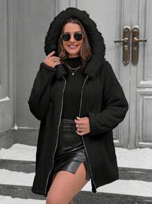 大码连帽蓬松装饰纹理毛绒拉链夹克