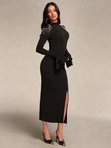 Modelyn Đầm suông cổ chữ V tay chuông đính đá pha lê cho nữ, Đầm dạ hội dài thanh lịch - màu đen - Xem 2