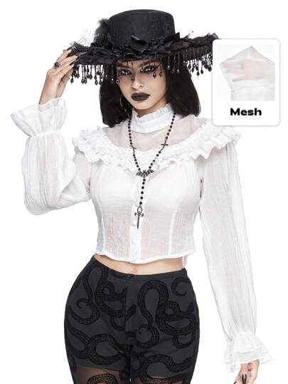 Goth Gotischer Stil Volantärmel Blusentop mit transparenten Einsätzen für Frauen
