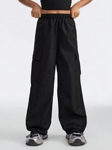 SHEIN Pantalones cargo negros lisos y cómodos para niñas preadolescentes en primavera/verano
