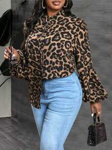 Slaydiva 大码女式豹纹灯笼袖优雅办公衬衫，秋季 - 彩色 - 查看 3