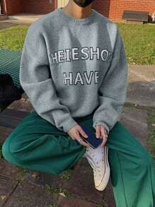 Claim Dot Men's Crew Neck Letter Graphic Detail Casual Pullover Sweater - Grey - View 1