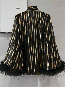 SHEIN Clasi 女士几何印花锡箔袖口拼接羽毛雪纺喇叭袖女式衬衫 - 黑色 - 查看 2