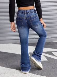 SHEIN Young Girl Graffiti Print Blue Denim Flared Elastic Distressed Jeans - Dark Wash - View 2