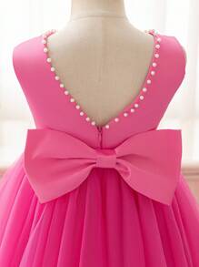 SHEIN Glamorique Kids 年轻女孩公主派对礼服，洋红色网眼泡泡裙，V 领串珠 3D 蝴蝶结无袖 A 字裙，适合全年派对 - 玫紅色 - 查看 5