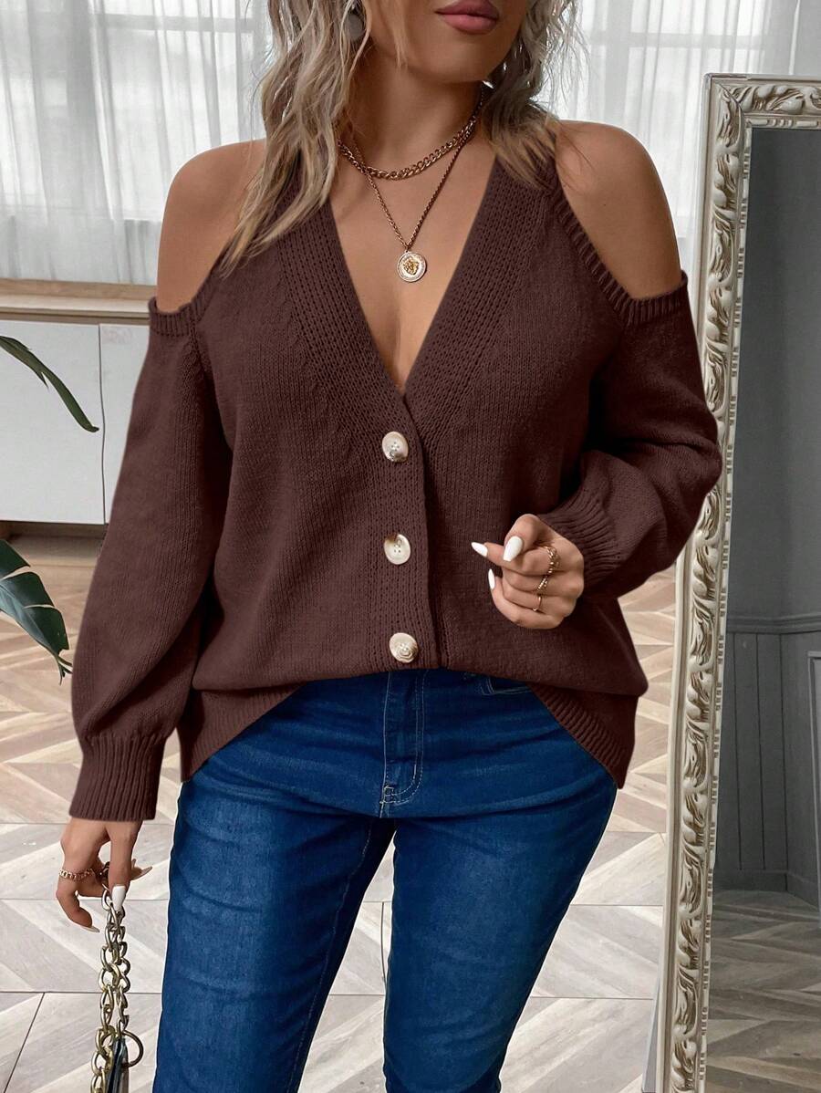 Áo khoác cardigan dáng rộng tay dài hở vai màu trơn đơn giản dành cho nữ cỡ lớn, mùa thu/đông - Màu nâu Sô-cô-la - Xem 1