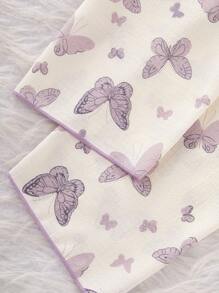 青少年女孩睡衣套装，杏色可爱蝴蝶印花长裤和长袖休闲两件套睡衣 - 杏色 - 查看 8