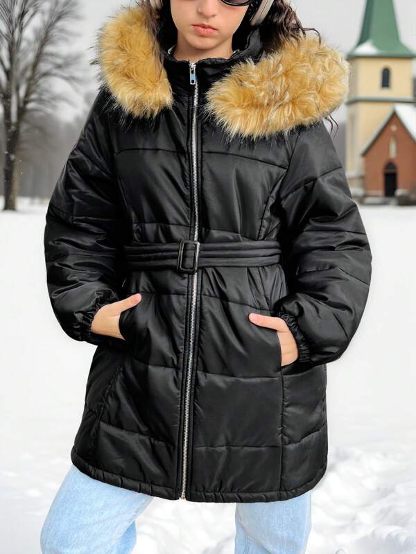 SHEIN Ado Fille Veste Décontractée Longue à Capuche avec Col Moelleux, de Couleur Unie Épaisse et Chaude, Automne/Hiver