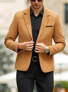 Manfinity Mode Plus Size Men's Solid Color Patchwork Front Button Long Sleeve Pocket Suit Jacket, For Fall/Winter - Khaki - View 4