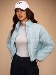 Forever 21 女士纯色前拉链短款休闲棉服外套，冬季 - 藍色 - 查看 6
