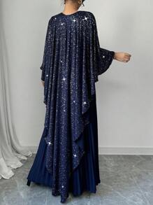 Chiquease Đầm Maxi Dài Tay Xếp Ly Đính Kim Sa Lấp Lánh Cho Nữ - Màu xanh lam - Xem 2