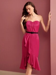 MOTF PREMIUM SOLID RUFFLE WRAP HEM TUBE COCKTAIL DRESS WITH BELT - Hot Pink - View 8