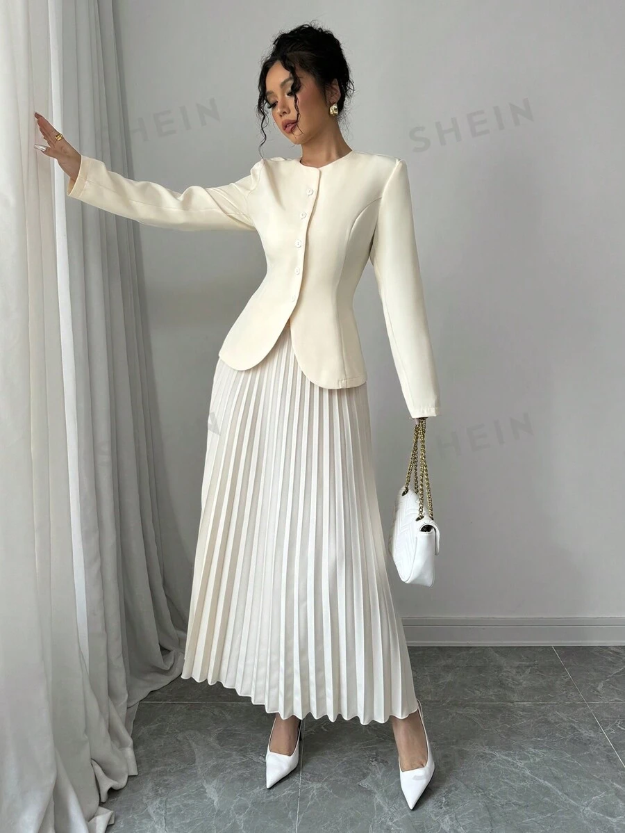 Elenzga Set de 2 piezas: Blusa de manga larga con cuello redondo abotonada elegante + Falda plisada, apropiado para salidas, citas, fiestas, negocios, color rosa albaricoque, otoño/invierno