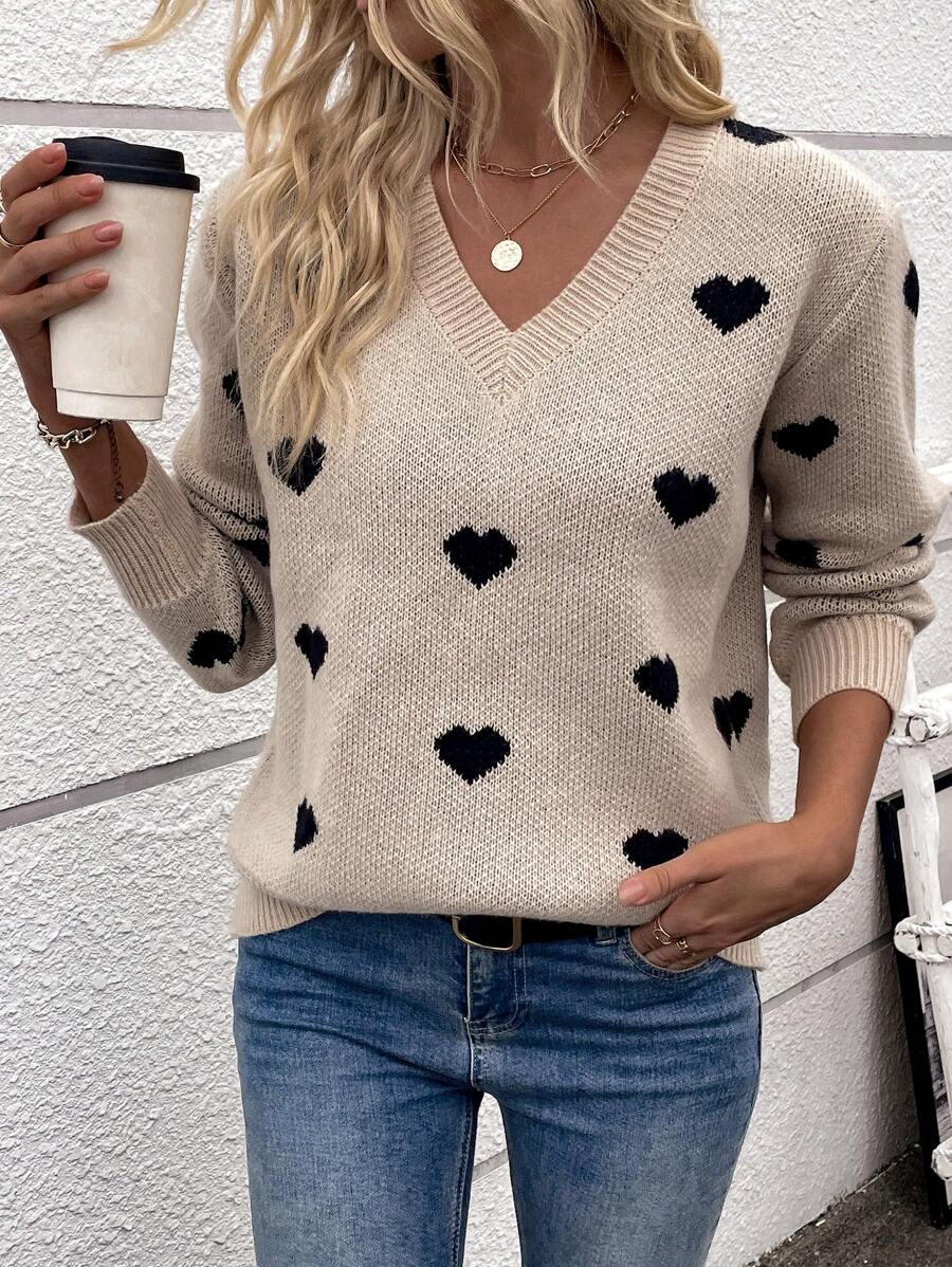 Chiquease Valentine's Day V-Neck Sweater With Heart Pattern, Long Sleeve, Autumn/Winter - Apricot - View 1