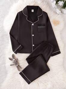 SHEIN 2pcs Tween Boy Elegant Plain Black Pajamas Set, Long Sleeve Top & Pants, Casual & Comfortable Loungewear - Black - View 1