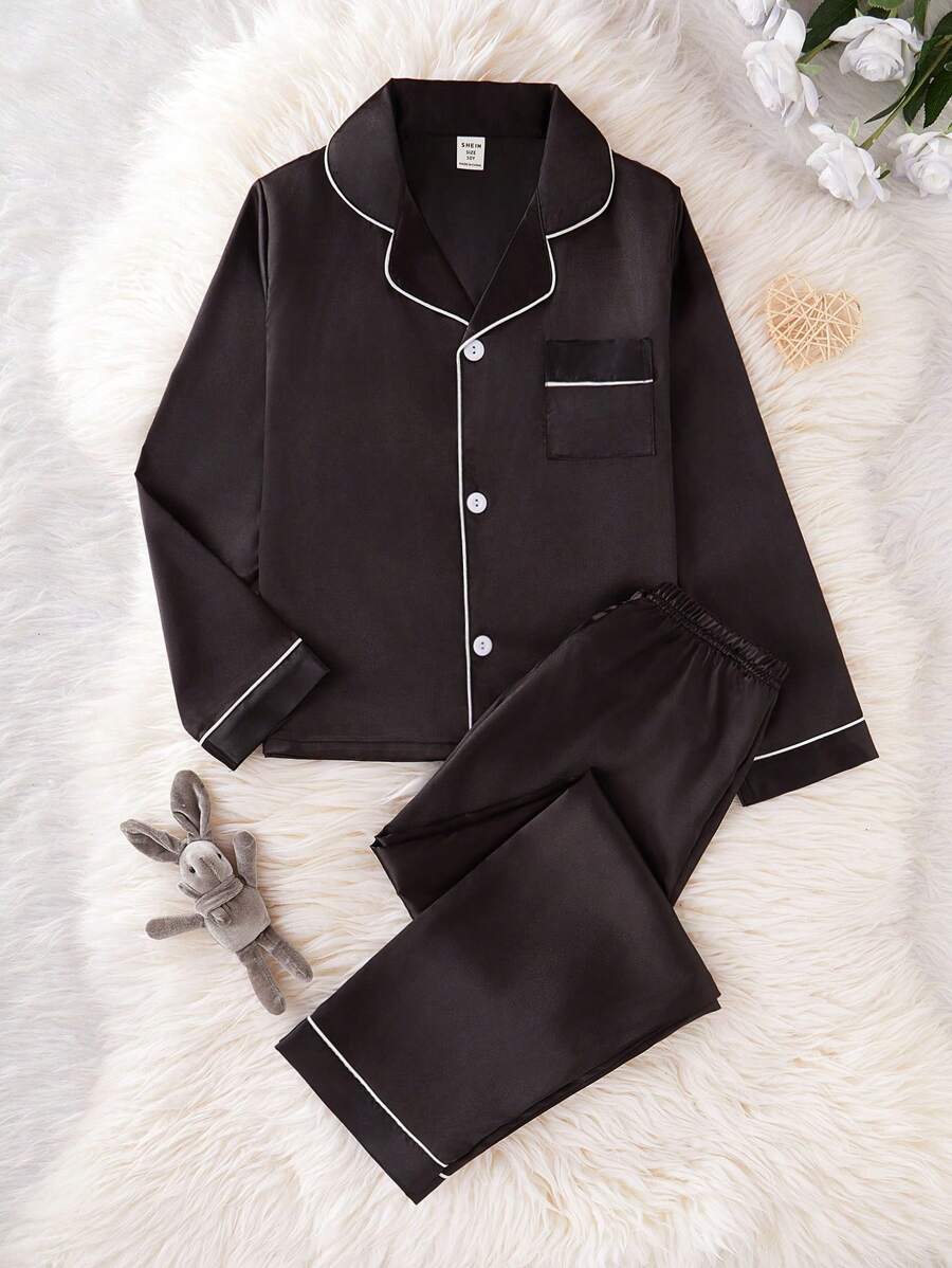 SHEIN 2pcs Tween Boy Elegant Plain Black Pajamas Set, Long Sleeve Top & Pants, Casual & Comfortable Loungewear - Black - View 1