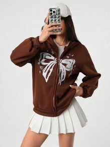 Chaqueta con capucha con estampado de mariposas dulces y oscuras, cálida y peluda, para adolescentes (jóvenes) otoño/invierno 2024
