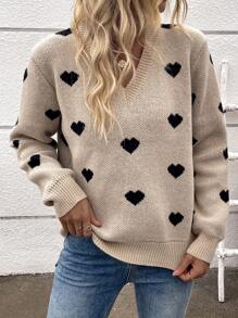 Chiquease Valentine's Day V-Neck Sweater With Heart Pattern, Long Sleeve, Autumn/Winter - Apricot - View 8