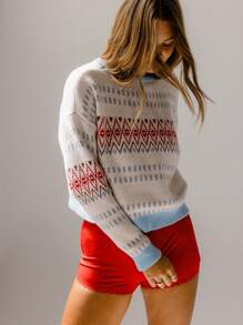 Aralina Soft Fair Isle Textured Blue And White Jacquard Christmas Sweater - White - View 7