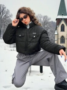 SHEIN Leap Crew 少女黑色短款拉链休闲运动风厚款长袖外套短款夹克时尚拉链领机车短款保暖跨年