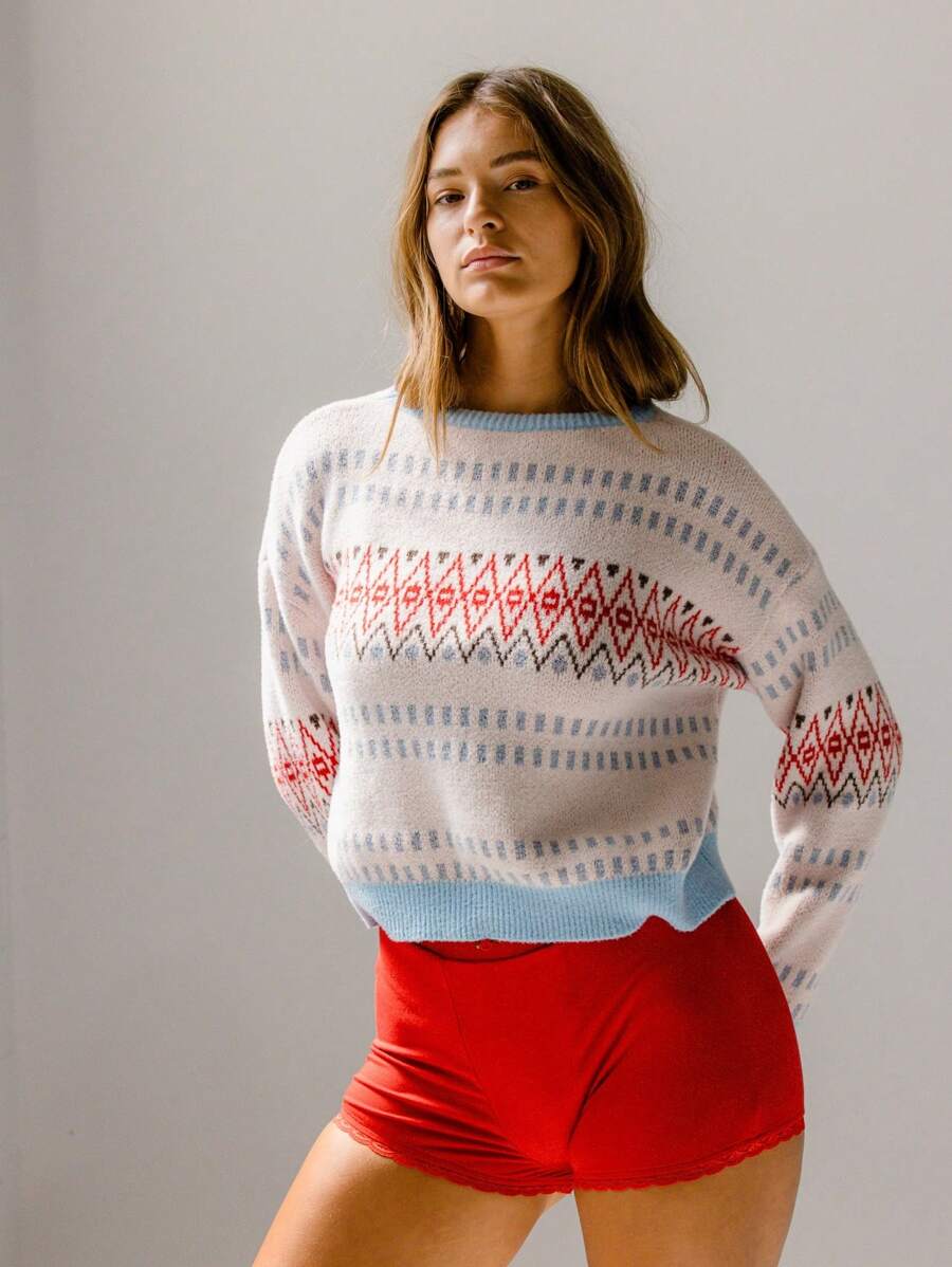 Aralina Soft Fair Isle Textured Blue And White Jacquard Christmas Sweater - White - View 1
