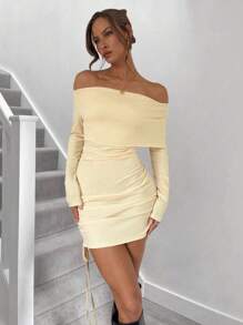 Chiquease Solid Color Off Shoulder Bodycon Dress, Minimalist & Casual Everyday Wear Fall Cloth For Women - Apricot - View 1