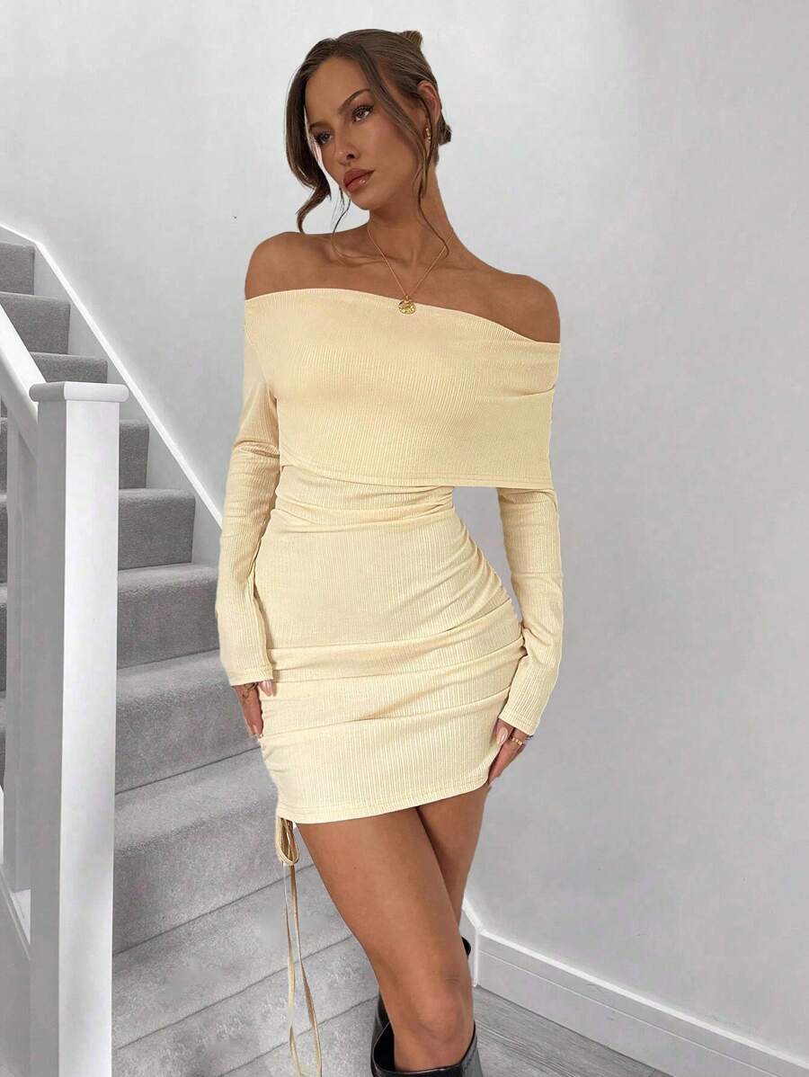 Chiquease Solid Color Off Shoulder Bodycon Dress, Minimalist & Casual Everyday Wear Fall Cloth For Women - Apricot - View 1