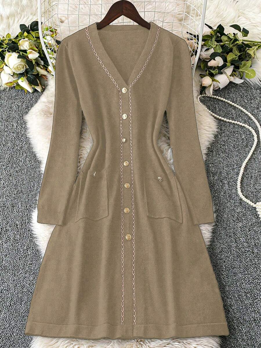 SHEIN Clasi Gaun Sweater Polos Ukuran Besar, Kasual dan Modis untuk Pakaian Sehari-hari Musim Gugur untuk Wanita - Unta - View 1