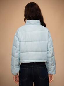 Forever 21 女士纯色前拉链短款休闲棉服外套，冬季 - 藍色 - 查看 2