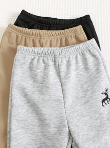 SHEIN 3pcs/Set Baby Boy Cute Solid Color Thick Thermal Lined Cartoon Dinosaur Pattern Elastic Waist Pants, Multi-Pack Basic Trousers Suitable For Autumn, Winter, Outdoor & Skiing