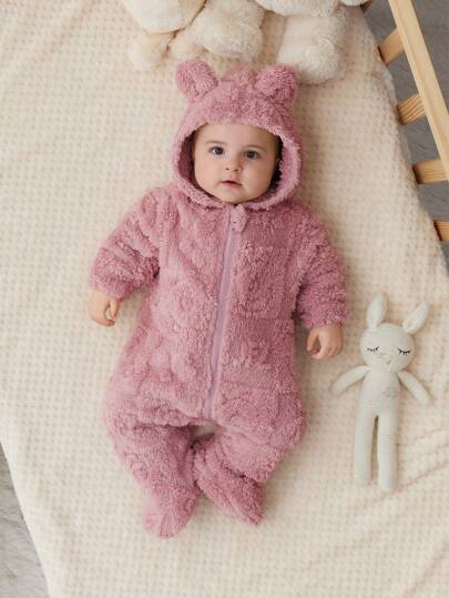 SHEIN Newborn Baby Cute Cartoon Hooded Fluffy Footie Jumpsuit, Suitable For Autumn And Winter Indoor/Outdoor Wear, For Boys And Girls