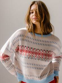 Aralina Soft Fair Isle Textured Blue And White Jacquard Christmas Sweater - White - View 3