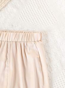 SHEIN 2pcs/Set Young Girls Elegant Taffeta Fabric Sleeve Patchwork Fur Trim Long Sleeve Shirt And Pants With Fur Trim - Champagne - View 5