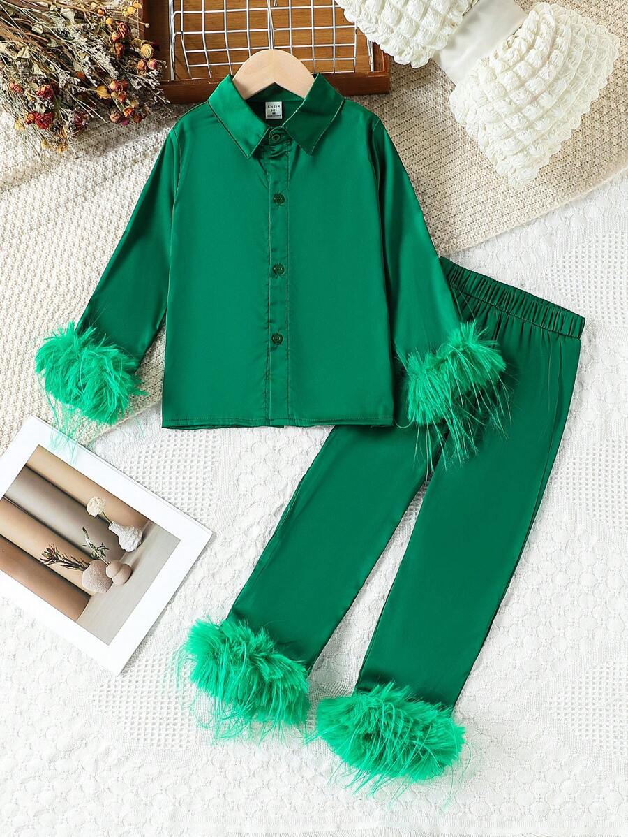 SHEIN 2pcs/Set Young Girl Satin Fabric Shirt With Fur Sleeve Trim And Fur Trim Pants,7th Birthday Outfit For Special Occasions,Everyday Wear,Autumn,Winter - Dark Green - View 1